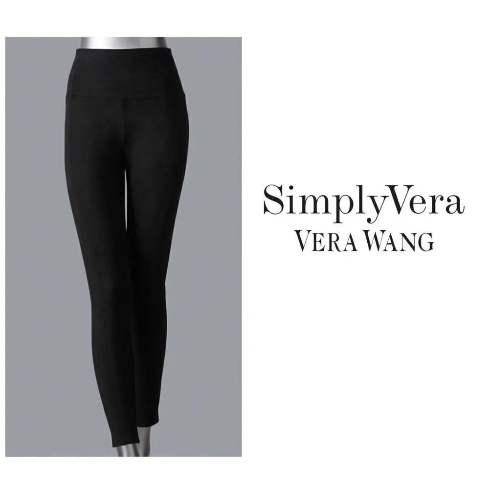 Simply Vera Wang Womens Black High Rise Faux Suede Pull On Leggings Sz L New